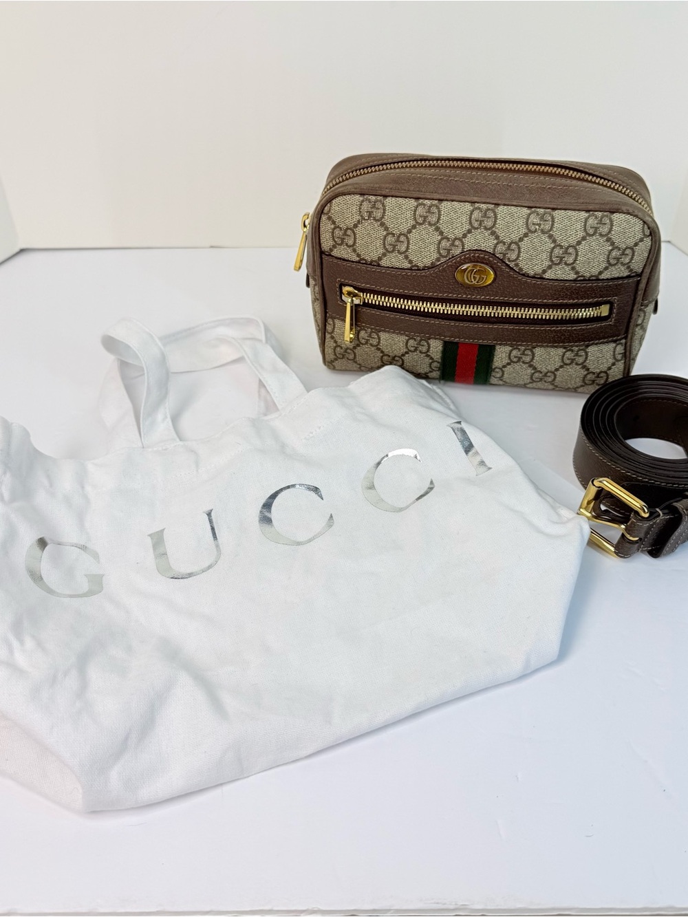 Gucci Beige/Brown GG Supreme Belt Bag Crossbody with Green-Red Web